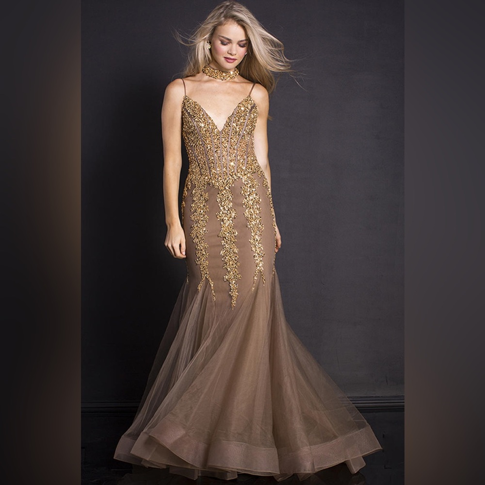JOVANI 56032A Taupe Gown 
Elegant Gold and Brown Gown
